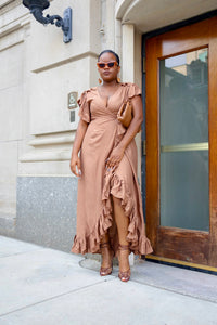 Carmen Wrap Maxi Dress-Brown